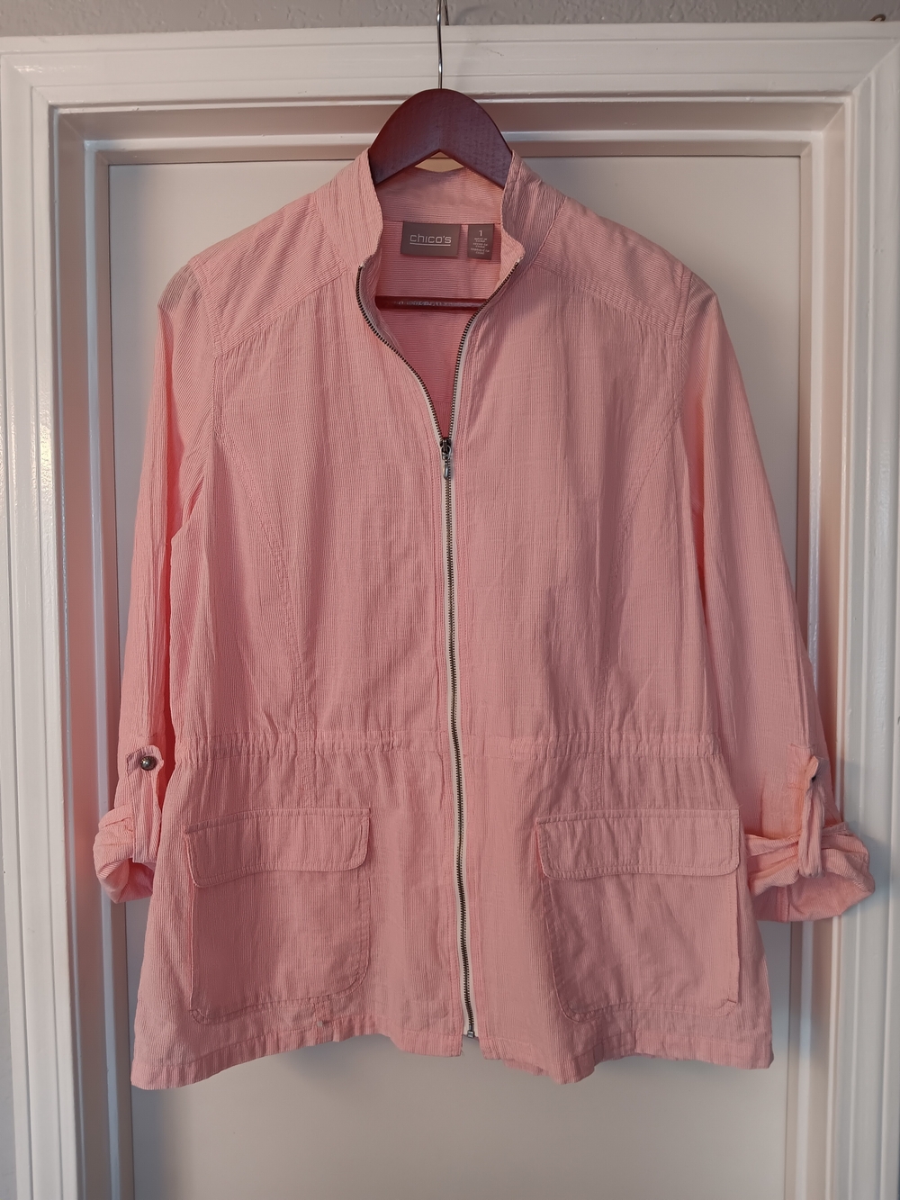Chico's Soft Blush Striped Zip-Front Utility Jacket